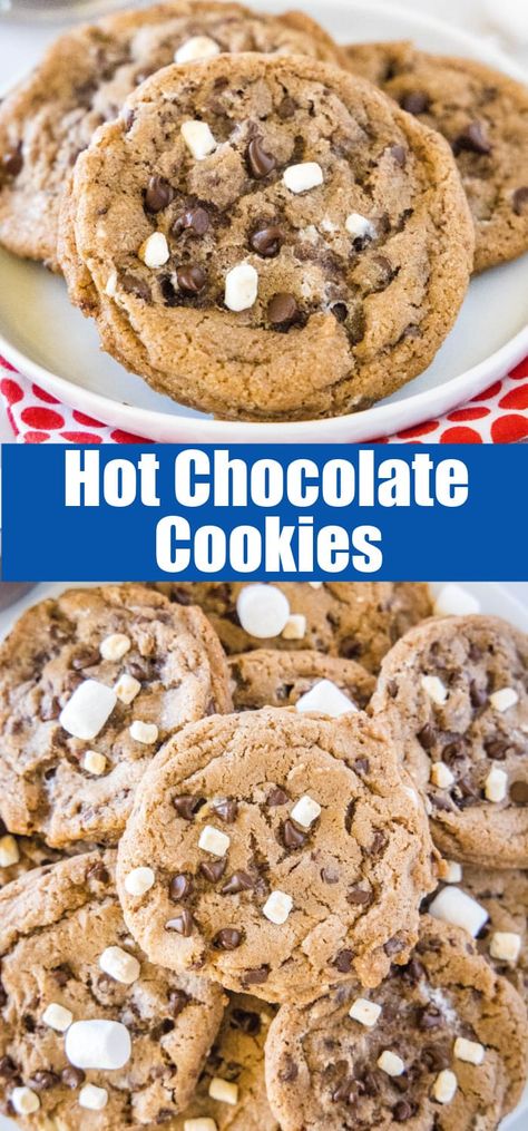 Hot Chocolate Cookies - Enjoy a cozy winter favorite in more than just a glass! Chocolate Chip Cookies come together with Hot Chocolate for a gooey and delicious treat! Hot Chocolate Chip Cookies, Hot Chocolate Cookies Recipe, Hot Chocolate Cookie Recipes, Giant Cookies, Xmas Recipes, Cookie Shop, Hot Cocoa Cookies, Cookie Recipes From Scratch, Delicious Christmas Desserts