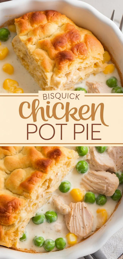 This Bisquick Chicken Pot Pie is a family favorite made easy! A creamy chicken and veggie filling topped with a fluffy Bisquick crust, baked to golden perfection. Pie Crust Chicken Pot Pie Easy Recipes, Bus Quick Chicken Pot Pie, Chicken Recipes With Bisquick, Chicken Pot Pie Recipe Bisquick, Home Made Bisquick, Bisquick Pot Pie, Chicken Pot Pie Bisquick, Bisquick Chicken Pot Pie Recipe, Chicken Pot Pie With Bisquick