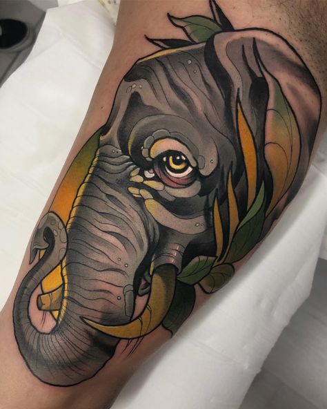 Neo Traditional Elephant, Traditional Tattoo Elephant, Traditional Elephant Tattoo, White Owl Tattoo, Elephant Head Tattoo, Traditional Elephant, Tattoo Elephant, Animal Sleeve Tattoo, Elephant Tattoo Design