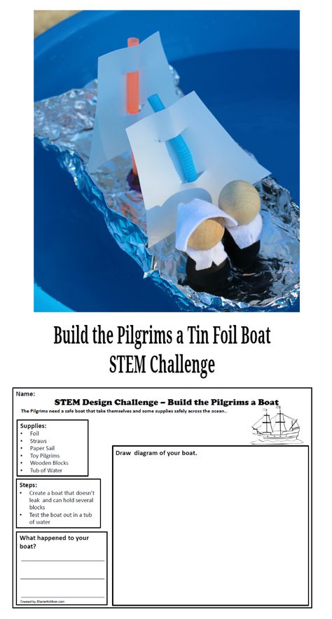 Build the Pilgrims a Boat STEM Challenge Boat Stem Challenge, Thanksgiving Stem Activities, Foil Boat, Thanksgiving Stem, Steam Challenges, Thanksgiving School, Engineering Activities, The Pilgrims, Math Activities For Kids