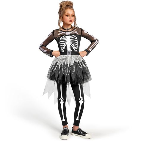 PRICES MAY VARY. Polyester Hand Wash Only Super Value Pack: This ghostly skeleton costume set includes 1 black skeleton dress, 1 belt, 1 pair of leggings, and 1 choker. Let your girl embrace her funky and spooky side with this costume set. Quality: Crafted from 100% polyester and safety test approved materials, this skeleton tutu dress is durable and comfortable, ensuring a memorable Halloween experience for your child. Special Occasions: Perfect for Halloween dress-ups, costume parties, Hallowe Woman Skeleton Costume, Girls Skeleton Costume, Adult Dinosaur Costume, Animal Costumes For Kids, Kids Dinosaur Costume, Unicorn Costume Kids, Girls Halloween Dress, Toddler Fancy Dress, Skeleton Dress