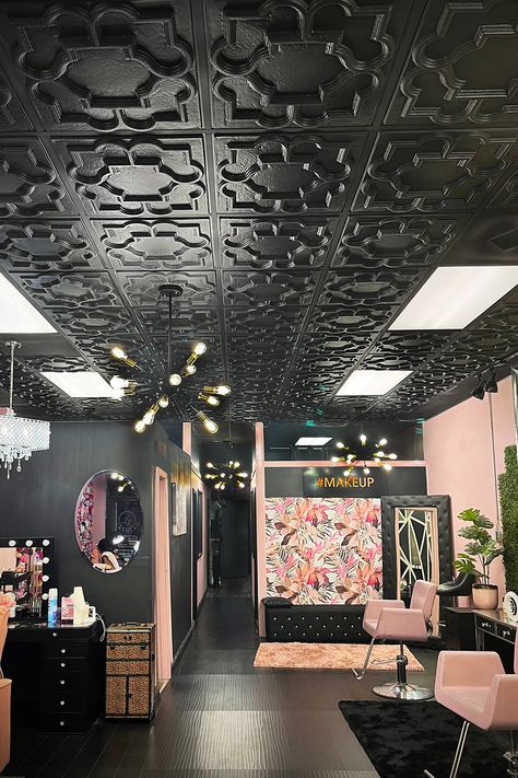 LashTag Beauty Spa @lashtagspa in Jacksonville FL chose Ceilume's Victorian ceiling tiles in black for a gorgeous statement ceiling. For more inspiration search #victorianceilingtiles #ceilingdesign #ceilingtiles #basementceilings #decorativeceilingtiles Statement Ceiling, Victorian Ceiling, Dark Ceiling, Bath Makeover, Basement Ceiling, Trailer Home, Black Ceiling, Ceiling Tile, White Ceiling