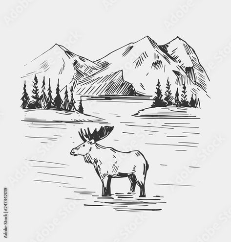 Moose Tattoo, Alaska Mountains, Alaska Art, Landscape Tattoo, Mountain Drawing, Disney Sketches, Lake Landscape, Hand Drawn Illustration, Drawn Illustration