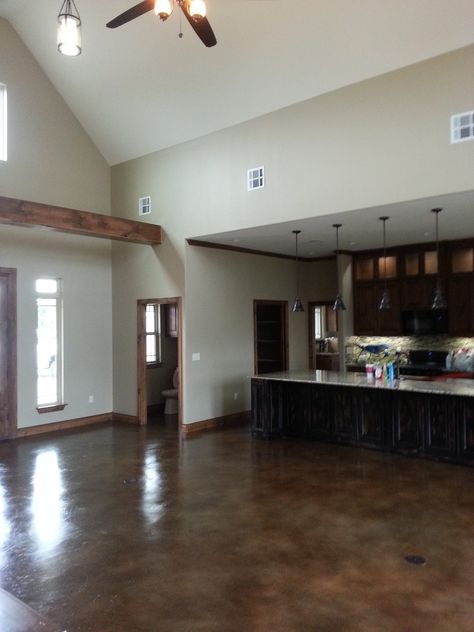 Walnut Stained Concrete Floors, Dark Brown Concrete Floors, Stained Concrete Floors Kitchen, Brown Concrete Floor, Dark Baseboards, Concrete Floor Kitchen, Concrete Kitchen Floor, Stained Concrete Floors, Brown Concrete