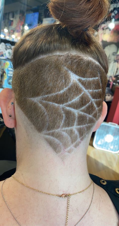 Spider Undercut, Spider Web Undercut, Halloween Undercut Designs, Halloween Undercut, Spiderweb Undercut, Undercut Pattern, Hairline Tattoo, Undercut Ideas, Shave Designs