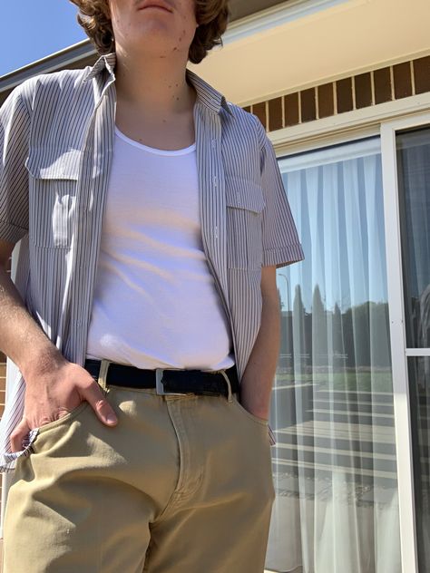 Button Ups Outfits Men, Cropped Shirt Outfit, Tuff Fits, Bad Kid, Thrift Board, 80s Fashion Men, Summer Shoot, Shirt Outfit Men, Shirt Dress Outfit