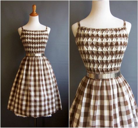 Dress With Smocking, Smocking Dress For Women, Smocked Dress Outfit, 50s Sundress, Brown Vintage Dress, 1950s Sundress, Geometric Smocking, Smocking Fashion, Sundress Vintage