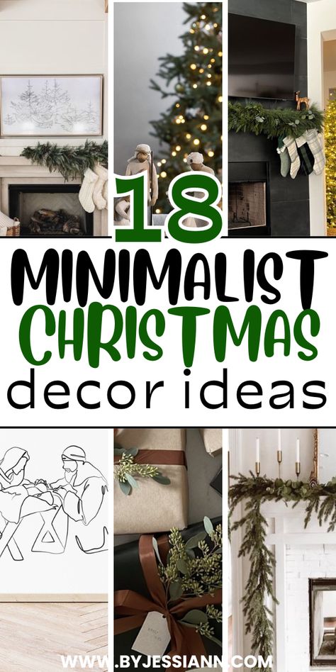 18 Minimalist Christmas Decor Ideas to Copy This Holiday Season - Simple & Cozy! Christmas Decor White And Black, Simple Christmas Decor For Stairs, Cool Tone Christmas Decor, Christmas Mantel Minimalist, Mantle Wreath Ideas, First Home Christmas Decor, Minimalist Christmas Fireplace Decor, Cozy Modern Christmas Decor, Decorating Nativity Scene