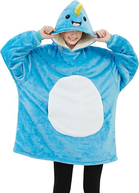 Blue narwhal oversized wearable blanket is made of sherpa fleece and flannel. Soft and fluffy double-layer fabric keeps you warm and comfortable in cold winters, making it a great companion for your indoor and outdoor activities. Whale Costume, Pajamas Cozy, Blue Smile, Animal Pajamas, Fox Fabric, Animal Hoodie, Animal Costumes, Sherpa Pullover, Whale Tail