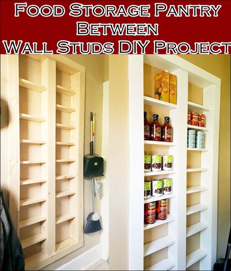 Food Storage Pantry Between Wall Studs DIY Project Homesteading  - The Homestead Survival .Com     "Please Share This Pin" Pantry Between Studs, Between The Studs Storage, Diy Storage Pantry, Wall Organizer Diy, Stairs Pantry, Kitchen Wall Organizer, Diy Food Storage, Under Stairs Pantry, Between The Studs