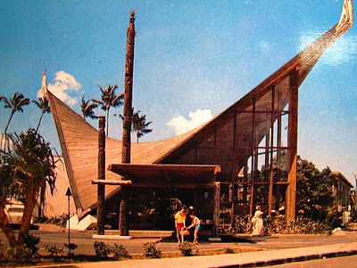 Hyperbolic Paraboloid, Exterior Siding Colors, Googie Architecture, Station Service, Bamboo Architecture, Tropical Architecture, Vintage Tiki, Roof Architecture, Mid Century Architecture