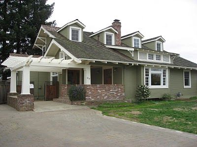 The Rich Poor House: Before and After Photos - red brick, white trim, dark sage paint. Sage Paint, Navy Blue Houses, Pergola Modern, Poor House, Brick Driveway, Exclusive House Plan, Small Pergola, Pergola Carport, Carport Designs