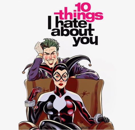 Andrew Tarusov DC The Joker & Harley Quinn in 10 Things I Hate About You Harley Quinn Movie, Harley And Joker Love, Der Joker, Pin Up Illustration, Julia Stiles, 10 Things I Hate About You, Old Movie Posters, Harley Quinn Comic, Joseph Gordon Levitt