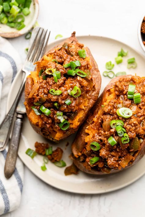 All The Healthy Things, Healthy Sloppy Joes, Sweet Potato Dinner, Stuffed Sweet Potatoes, Sloppy Joes Recipe, Sloppy Joe, Orange Recipes, Sloppy Joes, Sweet Potato Recipes