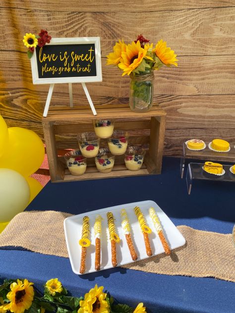 Love is sweet sign, sunflower treat table Sunflower Treat Table, Sunflower Dessert Table Ideas, Sunflower Themed Dessert Table, Sunflower Candy Table Ideas, Sunflower Favors Showers, Bridal Shower Sunflower Theme Budget-bride.shop, Sunflower Party, Sunflower Baby Showers, Sunflower Bridal Shower