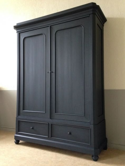 Black Armoire, Black Painted Furniture, Armoire Makeover, Painted Armoire, Painted Wardrobe, Antique Armoire, Wardrobe Makeover, Wardrobe Armoire, Bedroom Wardrobe