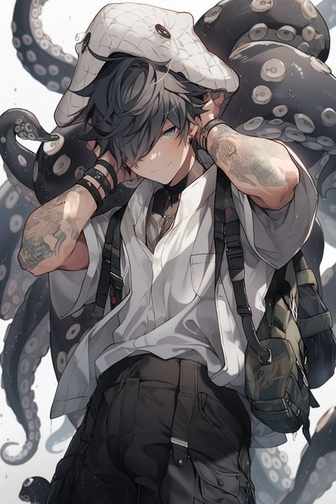 Character With Tentacles, Anime Octopus Guy, Tentacles Character, Dragon Anime Guy, Animated Man, Anime Boy Sketch, Deep Art, 캐릭터 드로잉, Cool Anime Guys