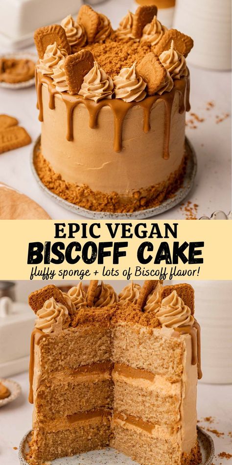 Indulgent vegan Biscoff cake made with layers of fluffy Biscoff sponge cakes, and a rich Biscoff buttercream! This epic dessert has lots of Biscoff flavor (we're using more than 1 jar) and is perfect for any time of the year. Biscoff Layer Cake, Vegan Biscoff Cake, Vegan Biscoff Recipes, Biscoff Cake Recipe, Vegan Red Velvet Cake, Biscoff Buttercream, Berry Cake Recipe, Lemon Loaf Recipe, Speculoos Cookie Butter