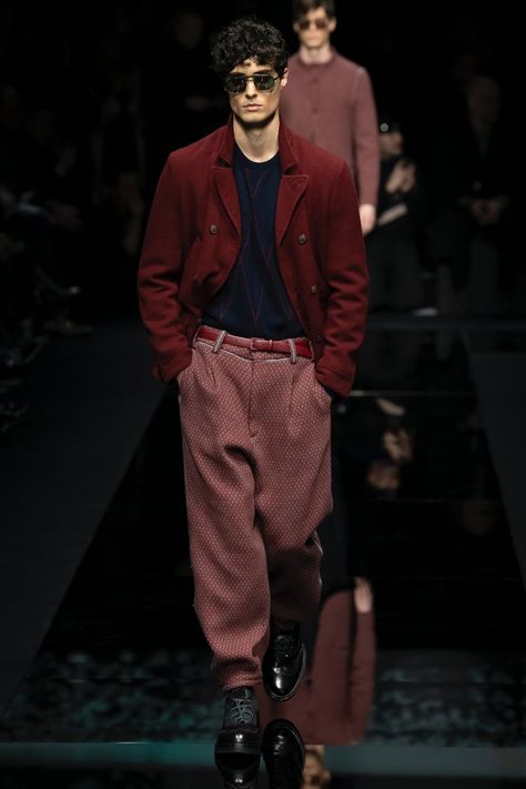 Giorgio Armani | Menswear - Autumn 2020 | Look 38 Giorgio Armani Menswear, Armani Menswear, Milan Fashion Week Men, Maroon Jeans, Armani Fashion, Armani Suits, Milan Men's Fashion Week, Swag Men, Fall Outfits Men