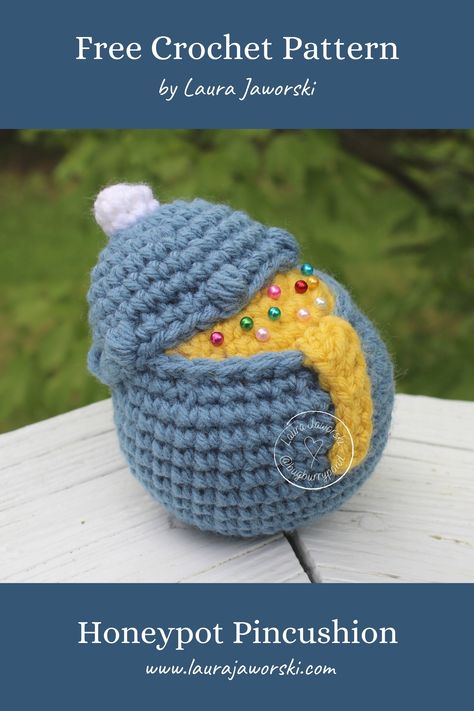 The Honeypot Pincushion Free Crochet Pattern by Laura Jaworski (@bugburrypond) 🍯 Honey Pot Crochet Pattern, Crochet Honey Pot Free Pattern, Crochet Pin Cushion Pattern Free, Crochet Pin Cushion, Laura Jaworski, Crochet Gnomes Pattern Free, Crochet Pincushion, Puff Stitch Crochet, Pin Cushions Patterns