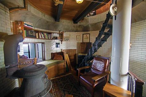 Converted Lighthouse Home, Living In A Lighthouse, Lighthouse Living Room, Lighthouse Home Interior, Lighthouse Keeper Aesthetic, Light House Interior, Inside Lighthouse, Lighthouse Interior, Lighthouse Living