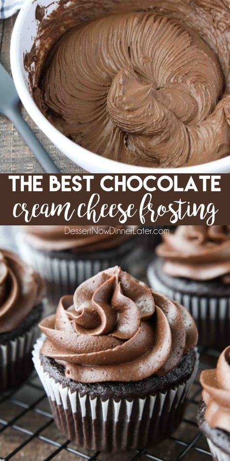 This is the BEST Chocolate Cream Cheese Frosting! Silky smooth and creamy, yet thick and sturdy enough for piping on cakes or cupcakes. It’s super easy to make and not too sweet. Chocolate Cream Cheese Frosting, Frosting Recipes Easy, Chocolate Frosting Recipes, Pie Pops, Cake Frosting Recipe, Cheesecake Cupcakes, Dessert Aux Fruits, Chocolate Cream Cheese, Cake Fillings