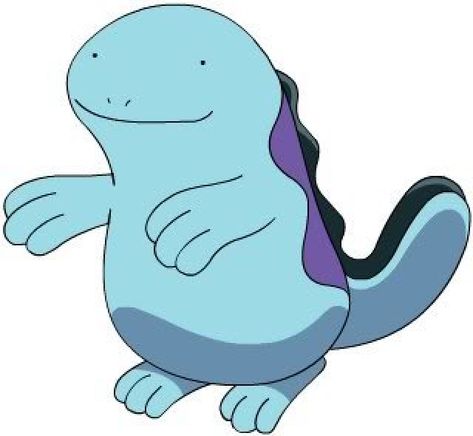 Quagsire (クァグサイア, Kuwagusaia) is a dual Water/Ground-type Water Fish Pokémon that is the evolved form of a Wooper at level 20. Quagsire is a light blue bipedal, amphibious Pokémon. Its head is broad and round, having little of a neck to distinguish it from the rest of Quagsire's body. Quagsire's mouth is wide and its eyes are mere dots, giving it a look of simplicity. Quagsire has a wavy purple coloration on its back and a dark blue "fin" there that extends to its tail.... Quagsire Pokemon Tattoo, Pokemon Quagsire, Quagsire Pokemon, Cartoon Stills, Johto Pokemon, Pokémon Teams, Johto Region, Night Goblin, Goof Ball