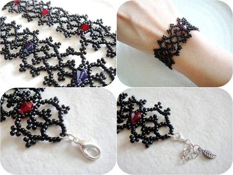 Goth style black seed bead bracelet Gothic Wedding Jewelry, Bracelet Gothic, Gothic Bracelet, Jewelry Gothic, Lace Bracelet, Gelang Manik, Victorian Lace, Beaded Bracelet Patterns, Gothic Wedding