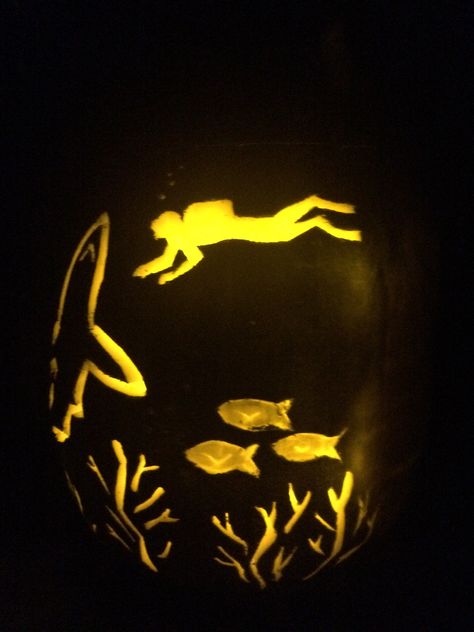 Pumpkin carving, ocean or marine theme. Shark. Scuba diver. Coral. Fish. Pumpkin Fish, Pumpkin Carving Pattern, Fun Holiday Crafts, Tall Pumpkin, Halloween Pumpkin Carving, Pumkin Carving, Christmas Pumpkins, Pumpkin Carving Contest, Pumpkin Carving Designs