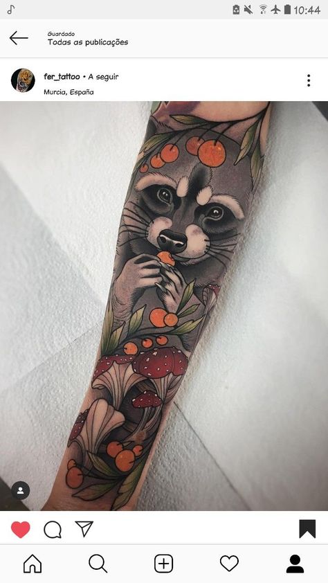 Neo Traditional Raccoon Tattoo, Neo Traditional Sleeve Tattoo For Women, Neotraditional Raccoon, Traditional Raccoon Tattoo, Neo Traditional Animal Tattoo, Forest Animal Tattoo, Tanuki Tattoo, Traditional Tattoo Animals, Racoon Tattoo