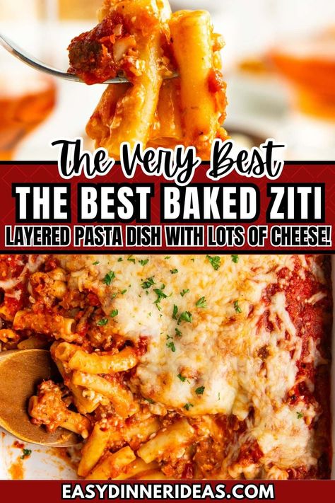 This cheesy baked ziti recipe is classic Italian-American comfort food. Layers of tender ziti noodles, a meaty Italian sausage sauce, and creamy cheese make this a true family favorite. Perfect make ahead dish for family dinners, potlucks, and holiday get-togethers! Baked Ziti With Homemade Sauce, Baked Ziti Pioneer Woman, Layered Baked Ziti, Baked Ziti For 2, 3 Cheese Baked Ziti, Easy Baked Ziti With Italian Sausage, Make Ahead Pasta Bake, Homemade Ziti, Easy Pasta Casserole Recipes