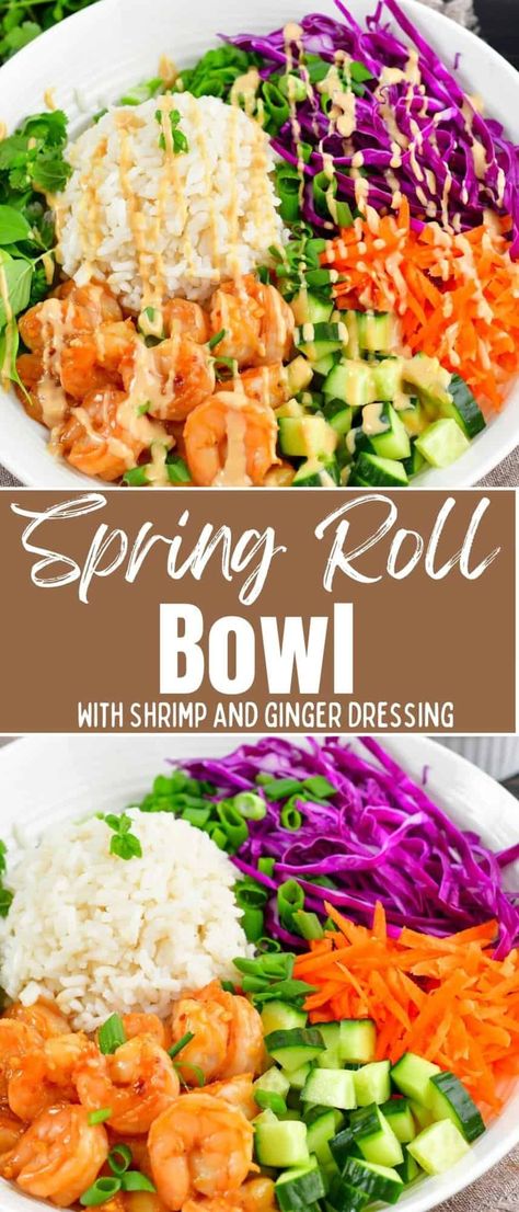 This easy rice bowl is fresh, vibrant, and oh so delicious! Packed with ingredients like Thai style shrimp, purple cabbage, carrots, cucumbers, herbs, and the best peanut dressing, you'll love all the flavors of the fresh spring roll. It's all served with coconut rice for the best complimentary flavor. Spring Roll Rice Bowl, Spring Roll Cucumber Salad, Spring Roll Bowl Recipe, Spring Roll Bowl, Zucchini Latkes, Teriyaki Bowls, Bowls Recipes, Spring Roll Bowls, Salmon Rice Bowl