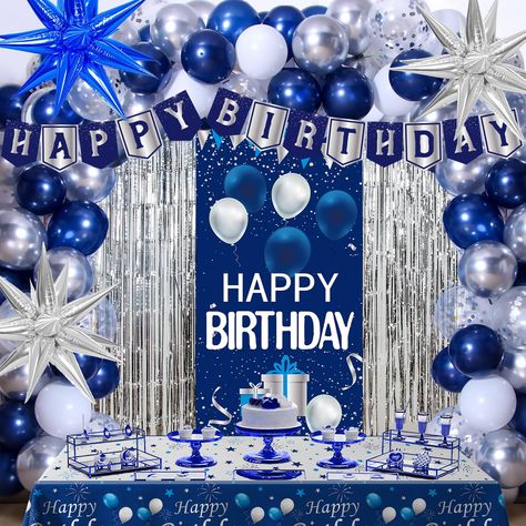 PRICES MAY VARY. 81 PCS Happy Birthday Decorations Pack - The blue birthday decorations kit includes 1 x happy birthday door banner, 1 x blue silver happy birthday banner, 1 x happy birthday tablecloth, 2 x silver foil fringe backdrop, 3 x explosion star foil balloons(2pcs silver + 1pc blue), 60 x 10in latex balloons(blue x 30 + silver x 20 +white x 10), 10 x 12inch silver confetti balloons, 1 x balloon arch strip, 1 x dot stickers, 1 x ribbon. One package meets you birthday party needs Navy Blu Blue Birthday Decorations For Men, Blue And Silver Birthday Decorations, Blue And Silver Party Decorations, Blue Themed Birthday Party, Blue Birthday Decorations, Blue Birthday Themes, Foil Backdrop, Silver Happy Birthday, Balloons Blue