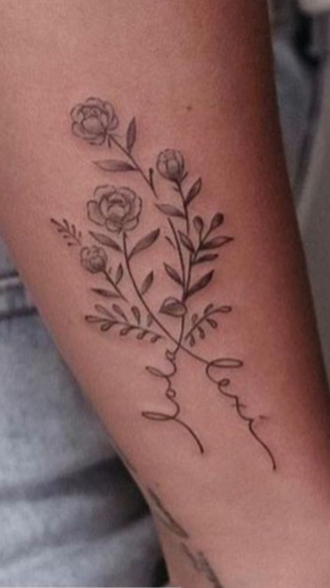 Flower Tattoo With Names In Stem, Flowers With Name Stem Tattoo, 2 Name Birth Flower Tattoo, Birth Flower Tattoos On Arm, 3 Names Birth Flower Tattoo, Flower Tattoos With Names Stems, Three Kids Tattoo, Back Shoulder Blade Tattoos For Women, Tattoo With Kids Names For Moms