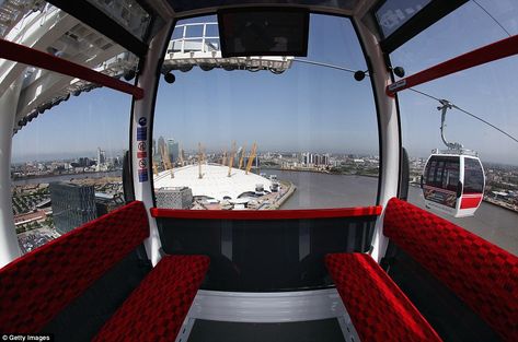 A peek inside the red-lined cable cars, which opened today Interior Pictures, Cable Cars, Inside Design, Cable Car, River Thames, East London, Builder Website, London Uk, Marina Bay Sands