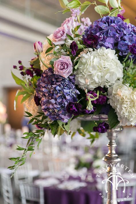 Silver And Purple Centerpieces, Purple Wedding Flowers Centerpieces, Elegant Purple Wedding, Purple Hydrangea Wedding, Dove Wedding, Purple White Wedding, Purple Wedding Centerpieces, Jordan Wedding, Purple And Silver Wedding