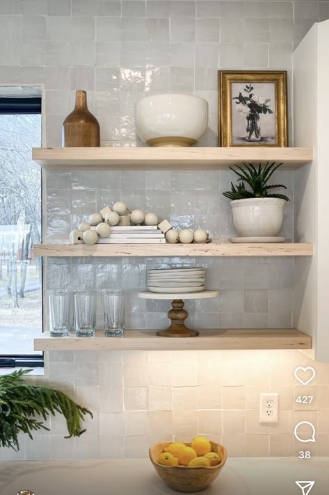 Tile And Open Shelving, Kitchen Shelving Ideas Above Sink, Decorating Floating Shelves Kitchen, Floating Shelves In Pantry, Floating Shelves Above Stove, Full Wall Backsplash Kitchen, Whit Kitchen, Kitchen Kickboard, Open Shelves In Kitchen