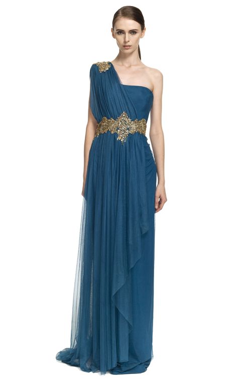 One-Shoulder Georgette Gown With Tulle Overlay by Marchesa for Preorder on Moda Operandi Roman Style Dresses, Greek Style Dress, Roman Dress, Greek Dress, Goddess Costume, Roman Style, Formal Dress Shops, Goddess Dress, Roman Fashion