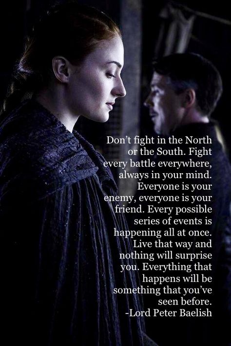 One of my fav quotes from Season 7 Game of Thrones  Don’t fight in the North or the South. Fight every battle everywhere, always in your mind. Everyone is your enemy, everyone is your friend. Every possible series of events is happening all at once. Live that way and nothing will surprise you. Everything that happens will be something that you’ve seen before. -Peter Baelish Be A Dragon Game Of Thrones, Mother Of Dragons Quotes, Got Quotes Game Of Thrones, Peter Baelish, Baelish Quotes, Lannister Quotes, Game Of Thrones Facts, Aidan Gillen, Game Of Thrones Dragons