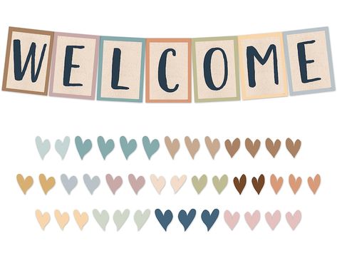 48 Total pieces 7 Letter pieces, each measuring 9-1/2" x 13-1/4", spells out "Welcome" 41 Multi-purpose heart accents Includes Bulletin Board Guide with suggestions and activities Everyone Is Welcome Classroom Theme, Welcome Bulletin Board, Welcome Bulletin Boards, Teacher Magazine, Giant Letters, Lakeshore Learning, Counseling Kids, Back To School Night, Bulletin Board Sets