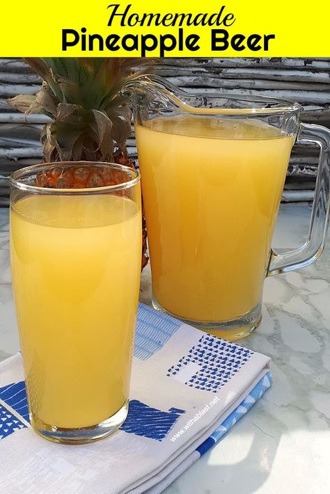 Homemade Pineapple Beer is a refreshing South-African traditional drink. Non-alcoholic or leave the Beer to ferment longer to make an alcoholic version Pineapple Beer Recipe Alcoholic, Mead Wine Recipes, Pineapple Beer, Ginger Beer Drinks, Root Beer Recipe, Pineapple Wine, Wine Making Recipes, Homemade Wine Recipes, Booze Drink