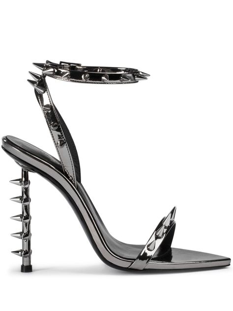 silver-tone nappa leather metallic effect buckle-fastening ankle strap stud embellishment pointed open toe branded leather insole 120mm high stiletto heel Vintage Silver Heels, Le Silla Heels, Spikes Aesthetic, Farfetch Shoes, Clubbing Shoes, Birthday Plans, Fall Fest, Hello Lover, Aesthetic Shoes