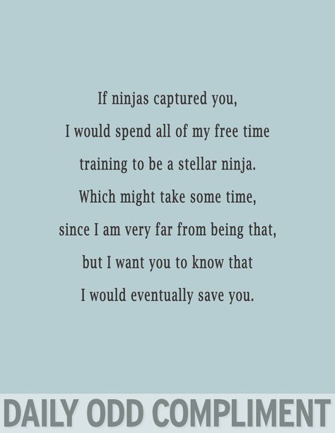 If ninjas captured you, I would spend all of my free time training to be a stellar ninja. Which might take some time, since I am very far from being that, but I want you to know that I would eventually save you. Odd Compliment, Daily Odd, Daily Odd Compliment, Endocannabinoid System, Flirting Quotes, E Card, True Story, Bones Funny, Positive Thoughts