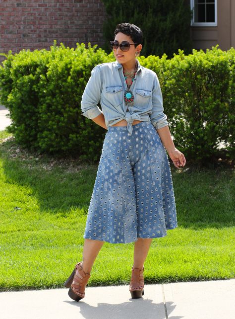 DENIM7 Tech Drawing, Culottes Pattern, Mimi G Style, Outfits Gorditas, Denim Culottes, Mimi G, Diy Denim, Summer Sewing, Big Girl Fashion