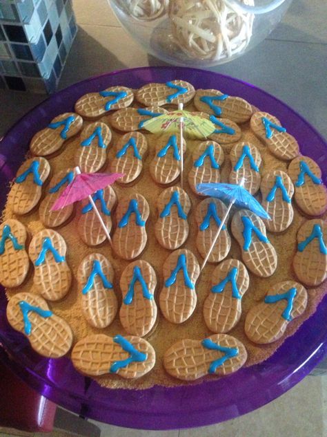 Summer Bridal Shower Themes, Flip Flop Cookie, Beach Party Favors, Teddy Grahams, Stitch Birthday, Beach Bridal Showers, Beach Birthday Party, Nutter Butter Cookies, Nutter Butter