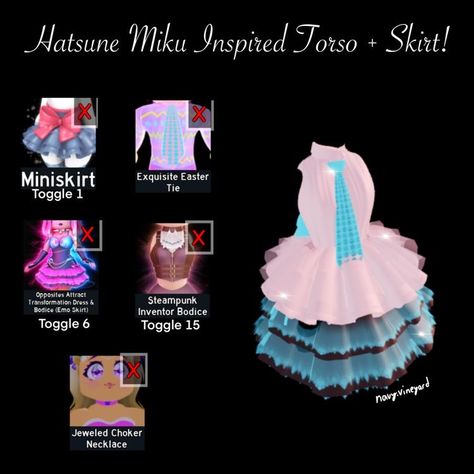 Royale High Outfit Hacks Y2k, Hatsune Miku Royale High, Royal High Cosplay Ideas, Miku Royale High, Royale High Cosplay Ideas, Royalhigh Outfits, Cute Miku, Rh Cosplay, Royale High Cosplay