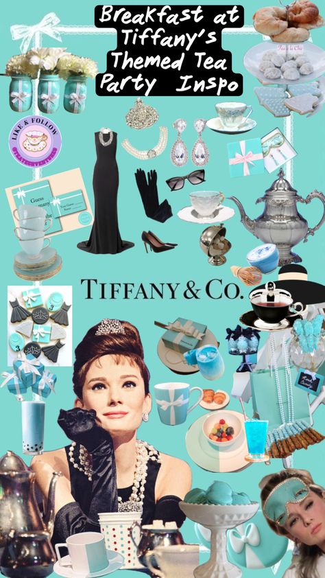 @teatechventures #breakfast #breakfastattiffanys #audreyhepburn  #holygolightly #tea #teatime #nyc #pearls #party #event #tiffanyblue #luxury #blackdress #outfitinspo #halloween #bridalshower #inspo #aesthetic Tiffany's Bridal, Tiffany Party, Tea Party Wedding, 13th Birthday Parties, Bach Party, Breakfast At Tiffanys, Shades Of Turquoise, 13th Birthday, Tiffany And Co