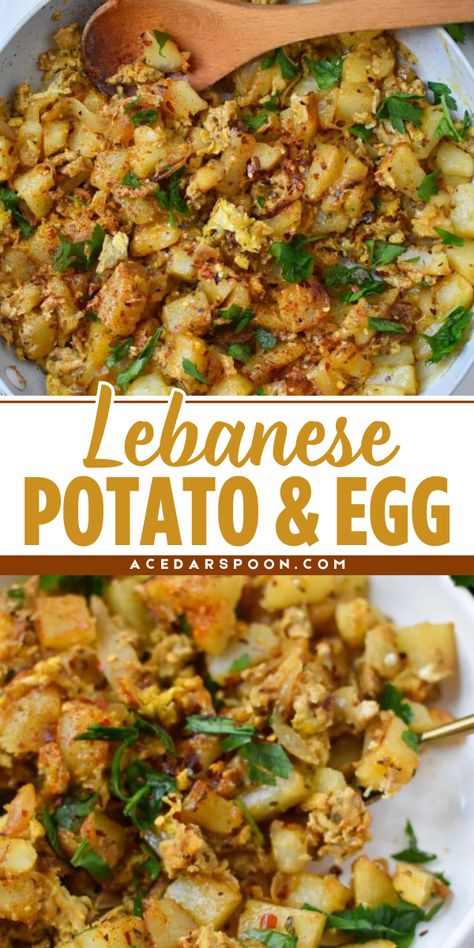 This Lebanese Potato and Egg is an easy summer BBQ side dish that starts with eggs, potatoes with onion, garlic, warm Mediterranean spices, and fresh parsley. It also makes the best 4th of July food! Lebanese Potatoes And Eggs, Easy Egg Dishes Dinners, Vegetarian Recipes With Eggs, Easy Arabic Dinner Recipes, Egg Recipes Vegetarian, Halal Brunch Ideas, International Potato Recipes, Potato Recipes Entree, Potatoes And Eggs Recipes Dinners