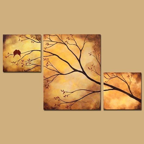 Branch Painting, Triptych Painting, Abstract Triptych, Painting Birds, Branch Art, Baby Birds, Asymmetrical Cut, Modern Canvas Art, Canvas Art Wall Decor