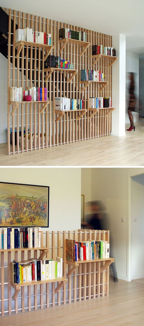 This Custom Designed Shelf System Is Used To Store Books And Act As A Guard Rail For The Staircase Shelves On Stairs, Shelf Railing, Staircase Bookshelf, Loft Library, Foyers And Entryways, Vertical Circulation, Staircase Renovation, Diy Staircase, Interior Staircase